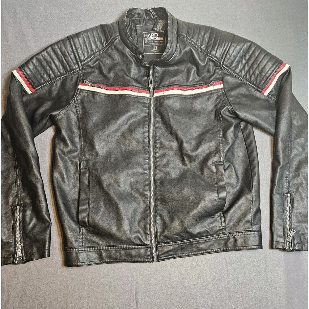 VTG Hard Edge Jacket Mens Size Large Black Red Stripes W/Shoulder Ribbed 5 Pckts